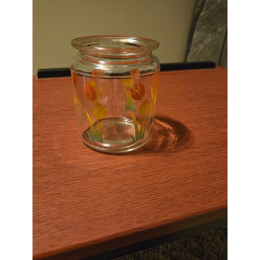 Vintage Clear Glass Tulip Jar Orange Yellow Floral Mid‎ Century Small Vase Decor